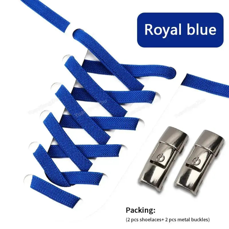 Press-lock elastic shoelaces for sneakers, royal blue, flat 8mm width with metal buckles
