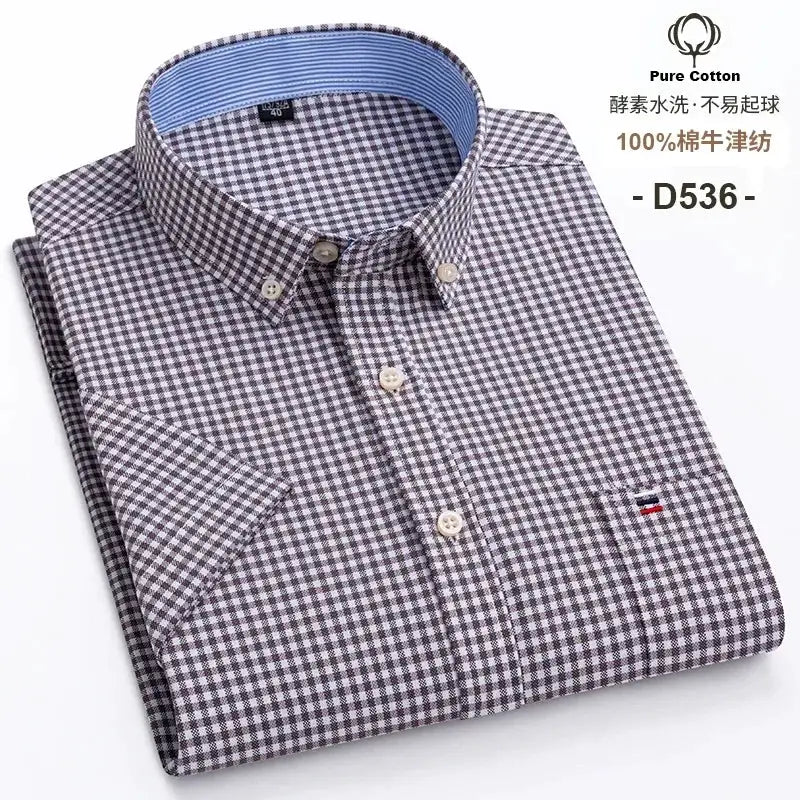 Men's 100% cotton oxford short-sleeve brown-white plaid shirt with blue inner collar by Simples Market