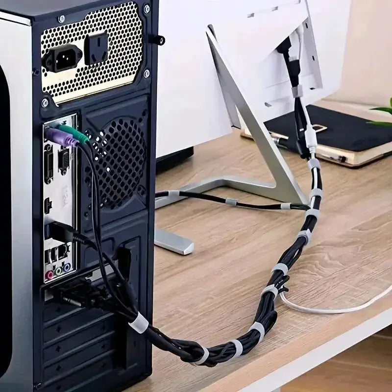 Cable organizer spiral sleeve for PC cables, black braided wire protector with Velcro ties, 1/5m