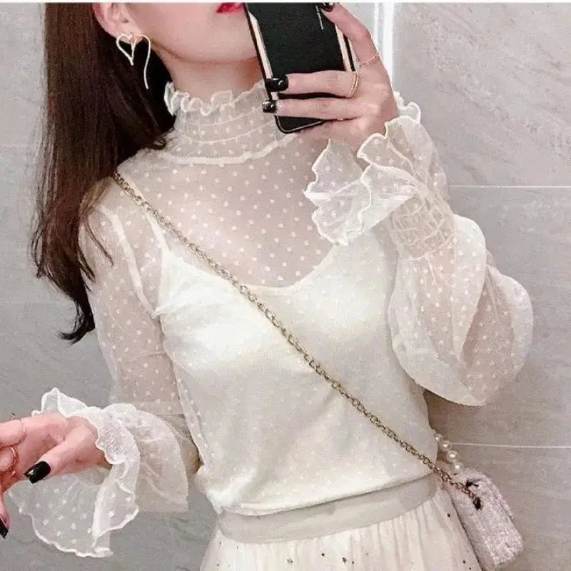 Simples Market sheer white mesh blouse with dotted pattern, ruffled high neck and long puff sleeves