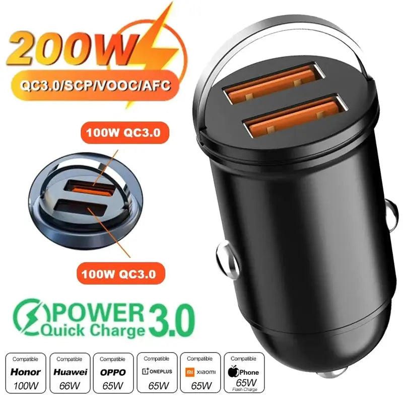 Car 100-200W Dual Port Mini USB Charger Ultra Fast Charging For Cigarette Lighter Socket 12-24V Aluminum Alloy
