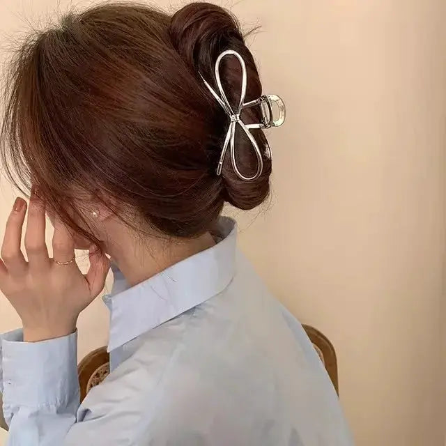 LuminaLocks Elegant Bow Metal Hair Claw Clips For Women With Secure Hold In Geometric Gold And Silver Finish