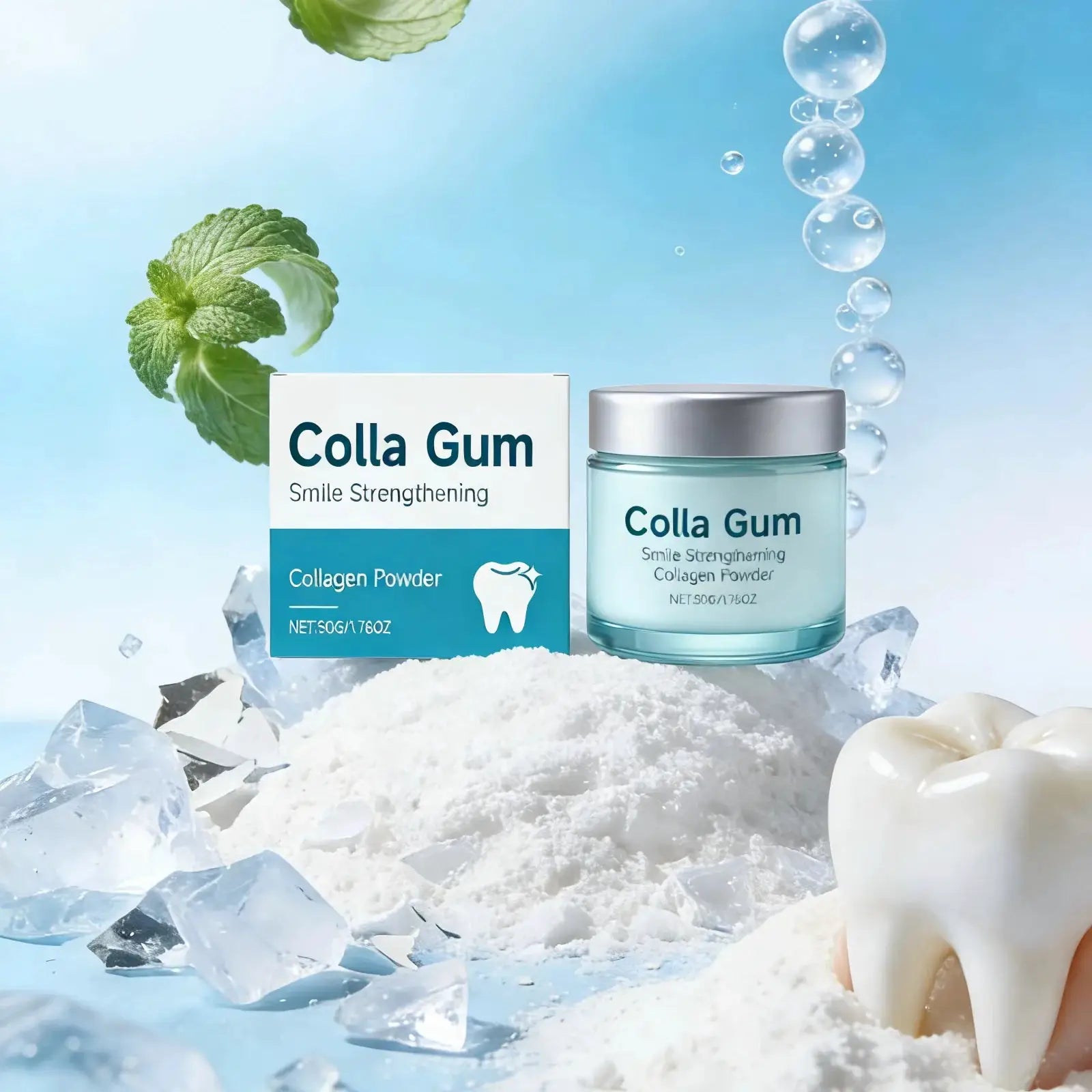 Colla Gum collagen whitening tooth powder jar and box with mint leaf in icy blue background from Simples Market