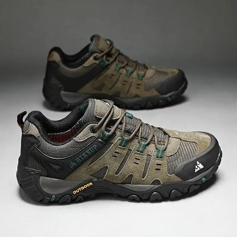 HIKEUP men's hiking shoes in olive suede with rugged black outsole; outdoor trekking sneakers (2 shoes)