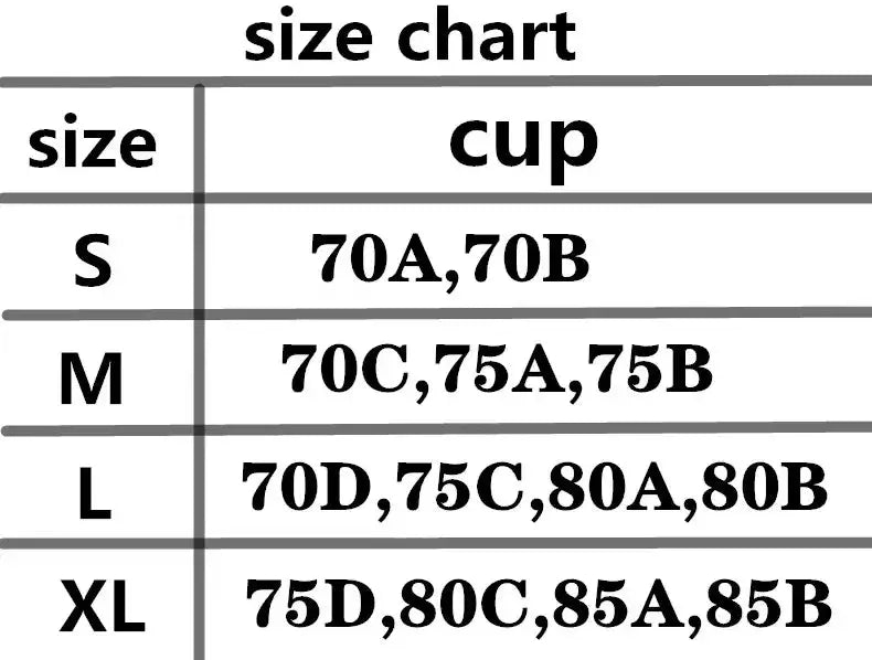 Size chart for Simples Market No Trace contrasting color women's thin push-up bra, S–XL cup sizes.
