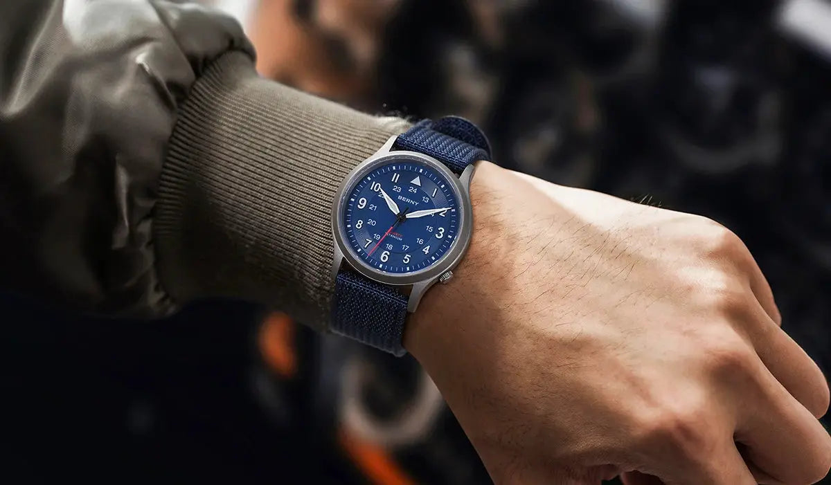 BERNY titanium field watch for men with blue dial and navy fabric strap