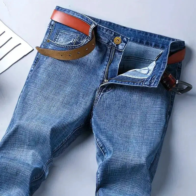 Wthinlee jeans with a brown belt, blue denim, men's casual straight trousers