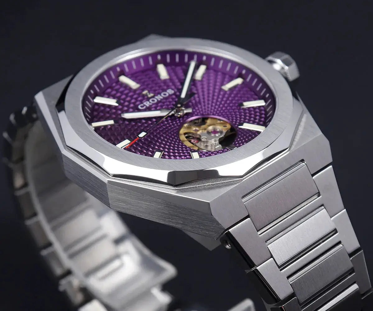Cronos New Rhombus Perlage 39mm automatic watch with purple skeleton dial see-through caseback stainless steel bracelet