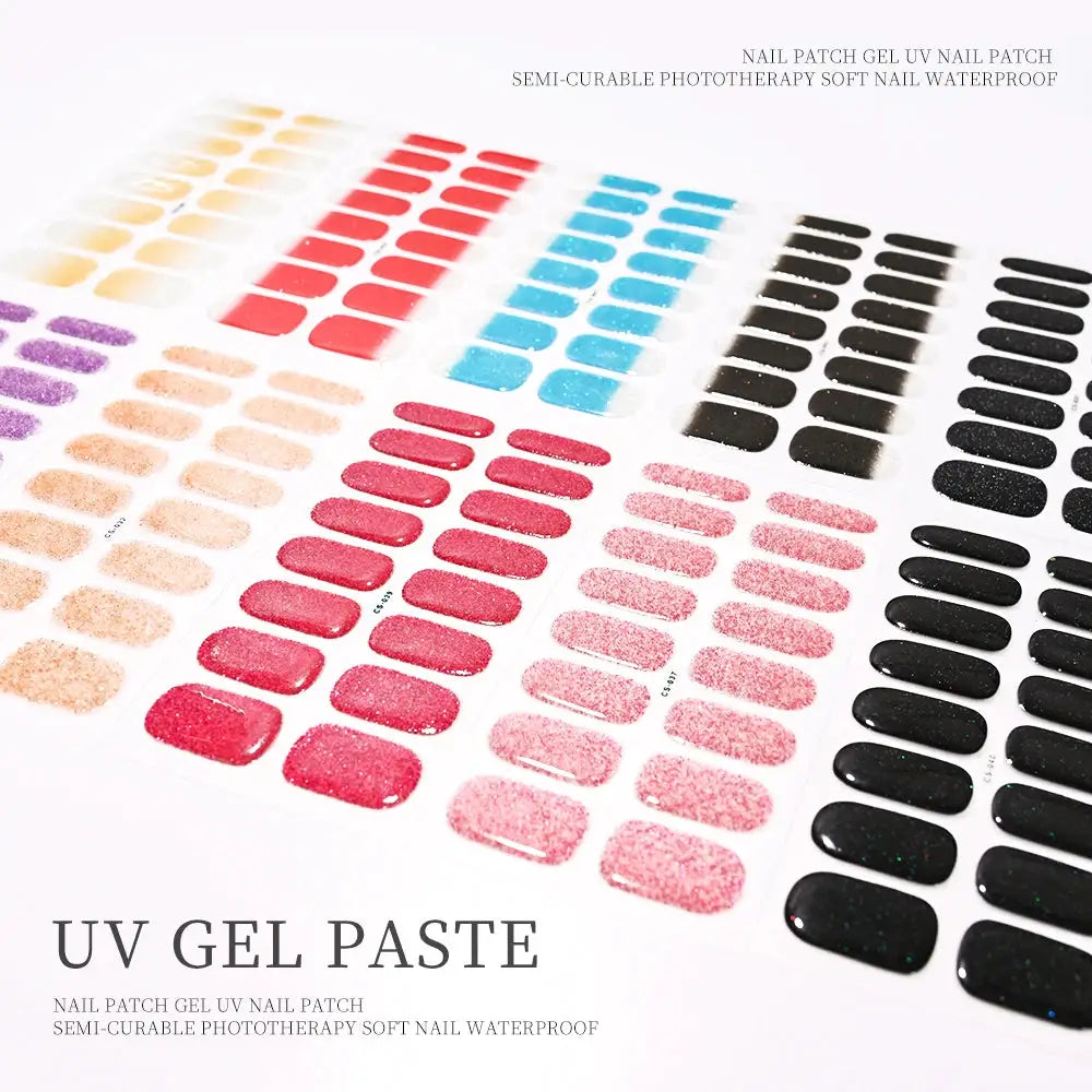 Nail sticker sheets with multicolor and black glitter UV gel wraps for full-cover nail art