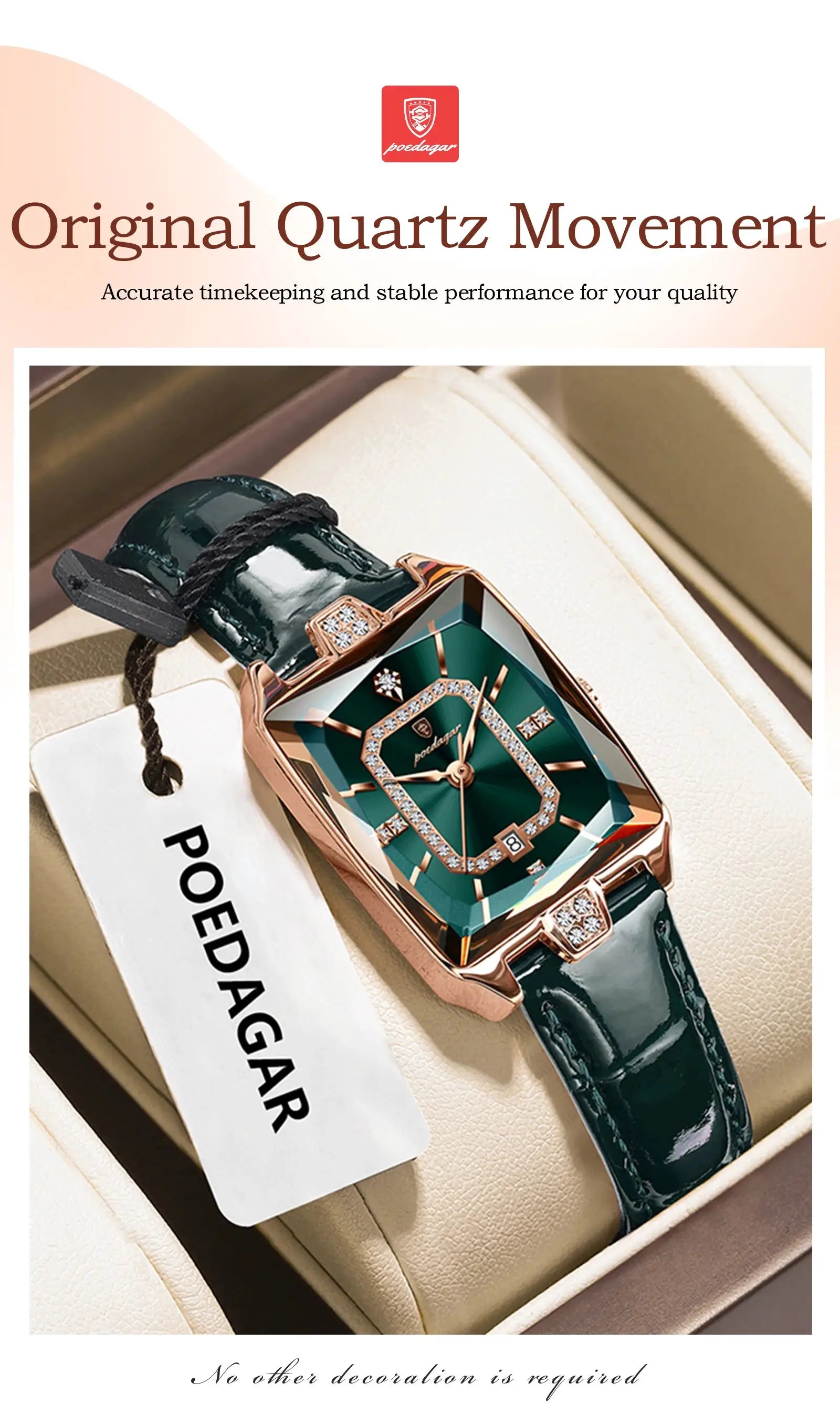 POEDAGAR women's luxury quartz wristwatch with green dial, rose-gold case, diamond-studded bezel and leather strap