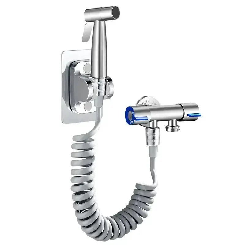 Stainless steel handheld bidet sprayer set with wall mount, blue-accent valve, and coiled hose (2-piece).