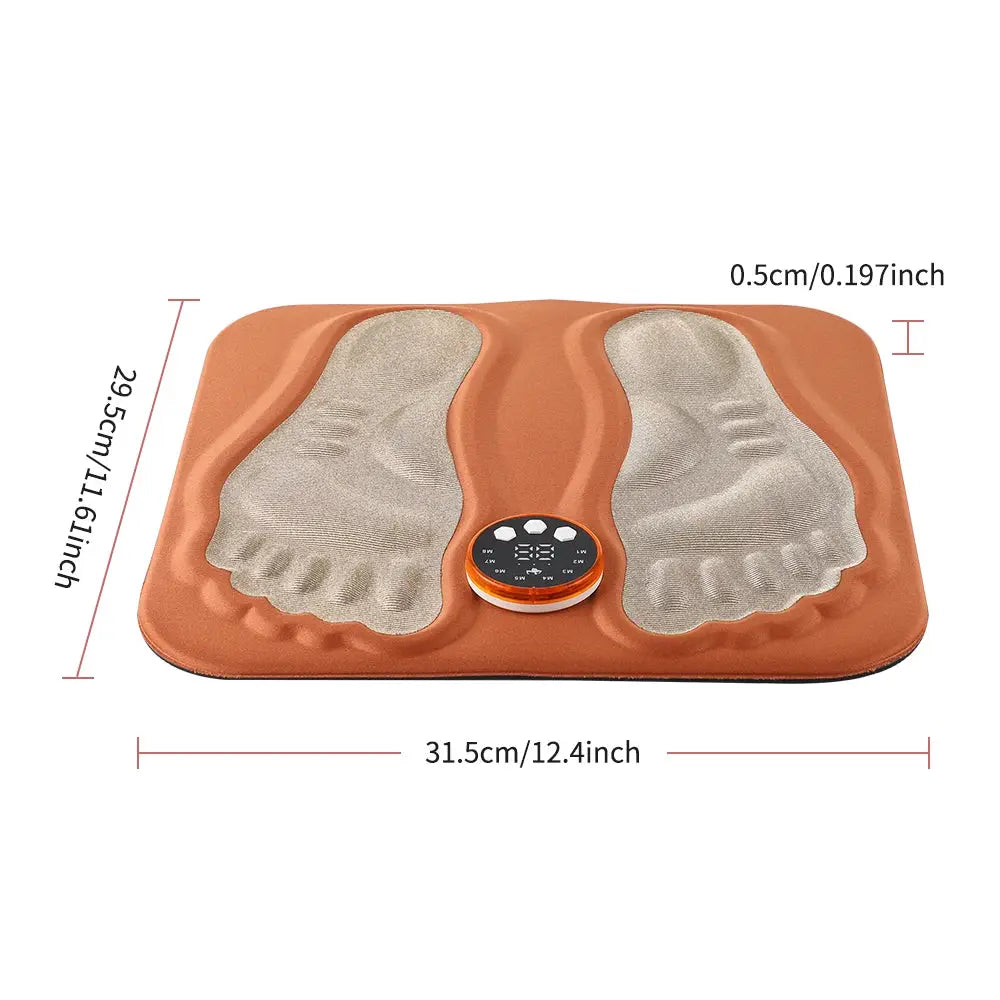 Orange 3D smart foot massage pad with dual foot areas and central control dial, rechargeable.