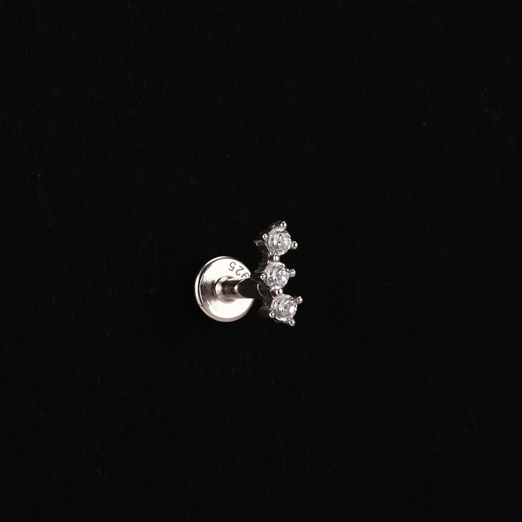 Set of 3 sterling silver zircon stud earrings for helix piercings with round crystals