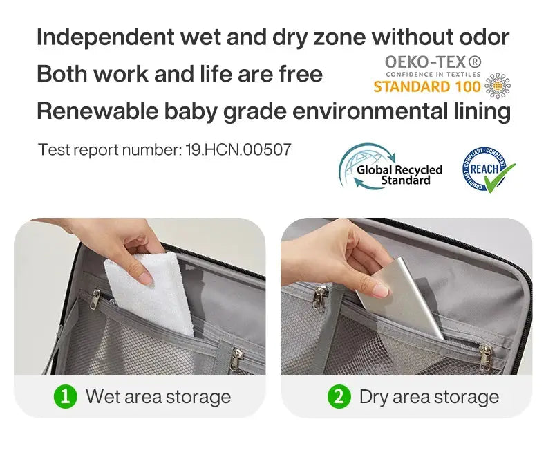 Mixi aluminum-frame carry-on suitcase interior by Simples Market with wet and dry mesh storage pockets