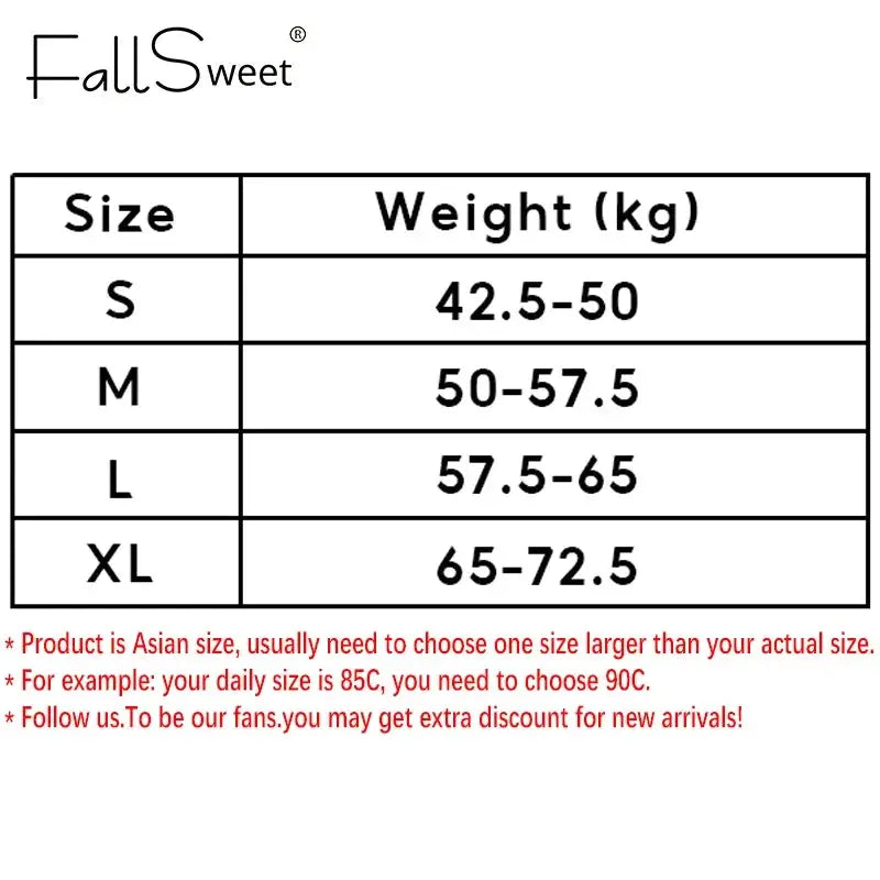FallSweet wireless posture correction bra size chart with S–XL weights and Asian sizing notes