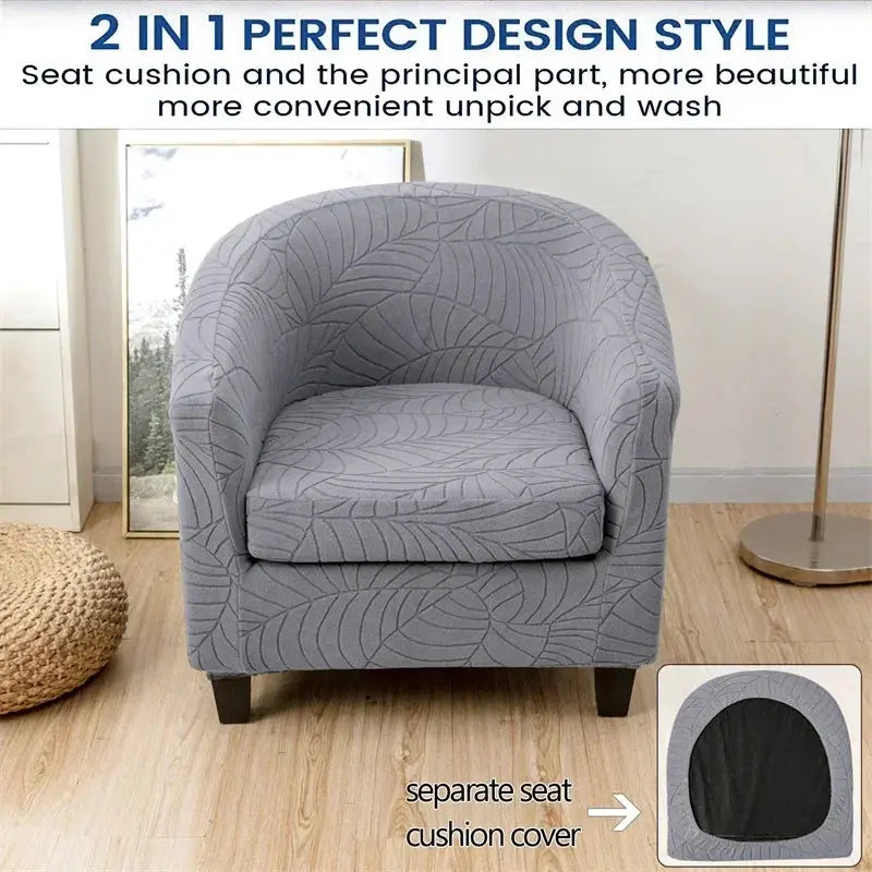 Leaves Jacquard tub chair slipcover in gray with separate seat cushion cover