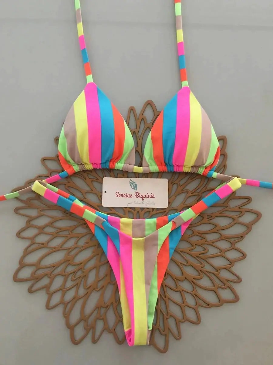 Rainbow striped micro bikini set with halter top and thong bottom by Simples Market