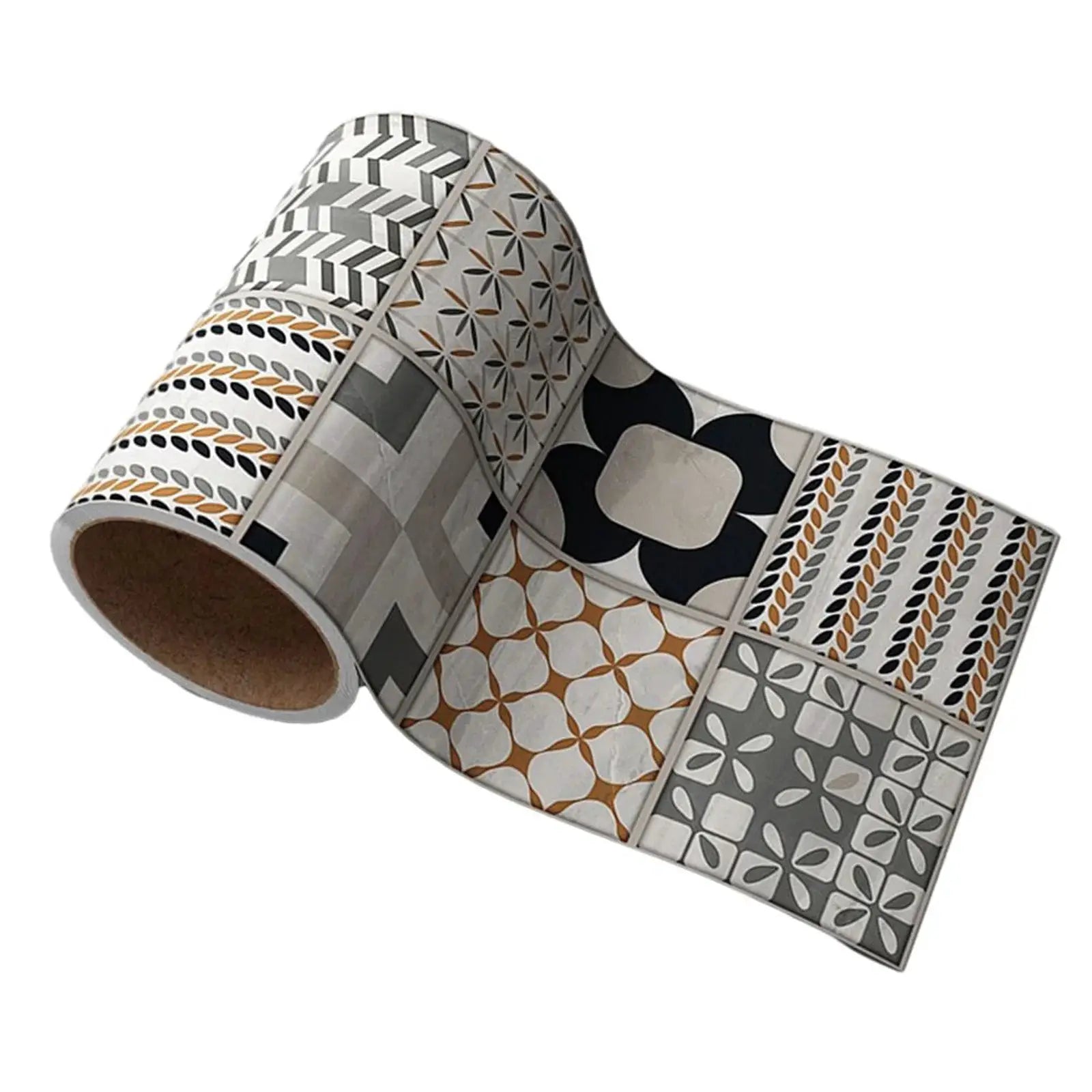 Self-adhesive wallpaper strips set with geometric and leaf patterns in gray, tan, and black; waterproof wall decor.