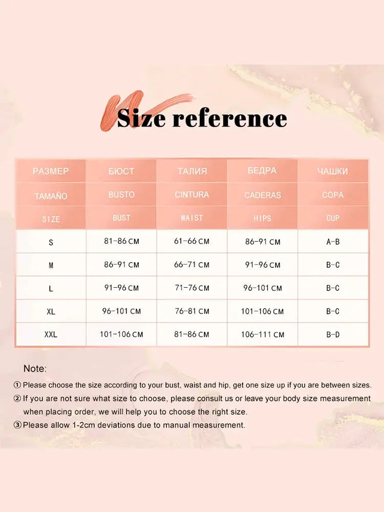 Sexy triangle bikini set size chart by Simples Market showing bust, waist and hips on peach background.