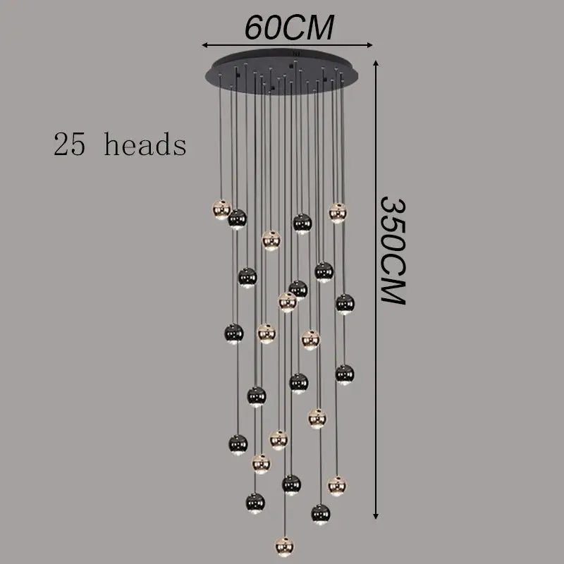 Modern pendant chandelier by Simples Market with 25 hanging spheres, black and gold finish, 60cm dia, 350cm drop.