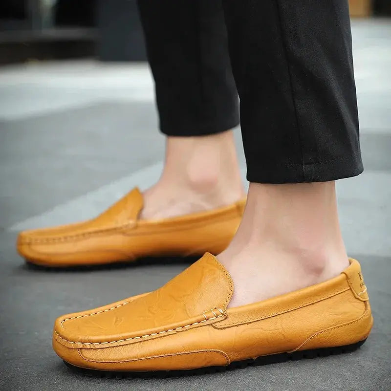 Tan genuine leather loafers for men, breathable slip-on moccasins with visible stitching, Simples Market