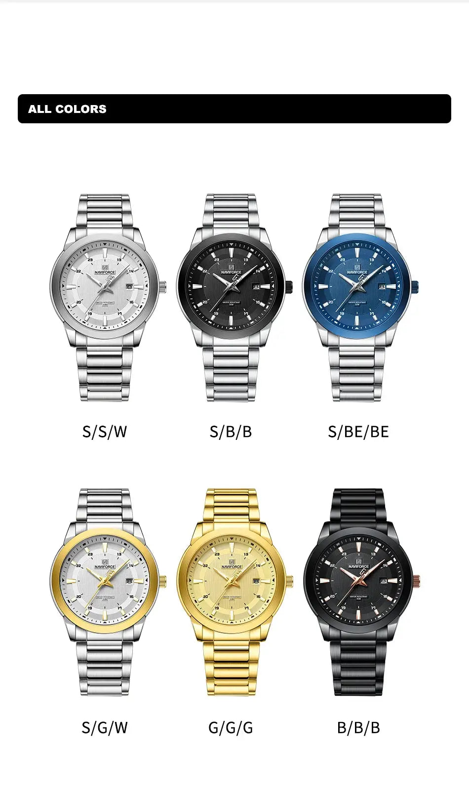 Naviforce men's stainless steel watches on metal bracelets; six colorways with date display.