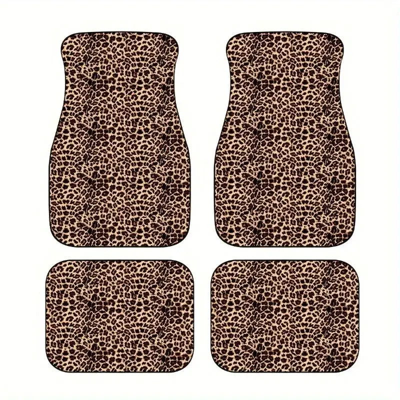 Leopard print car floor mats set, 4-piece for front and rear seats, beige-brown pattern