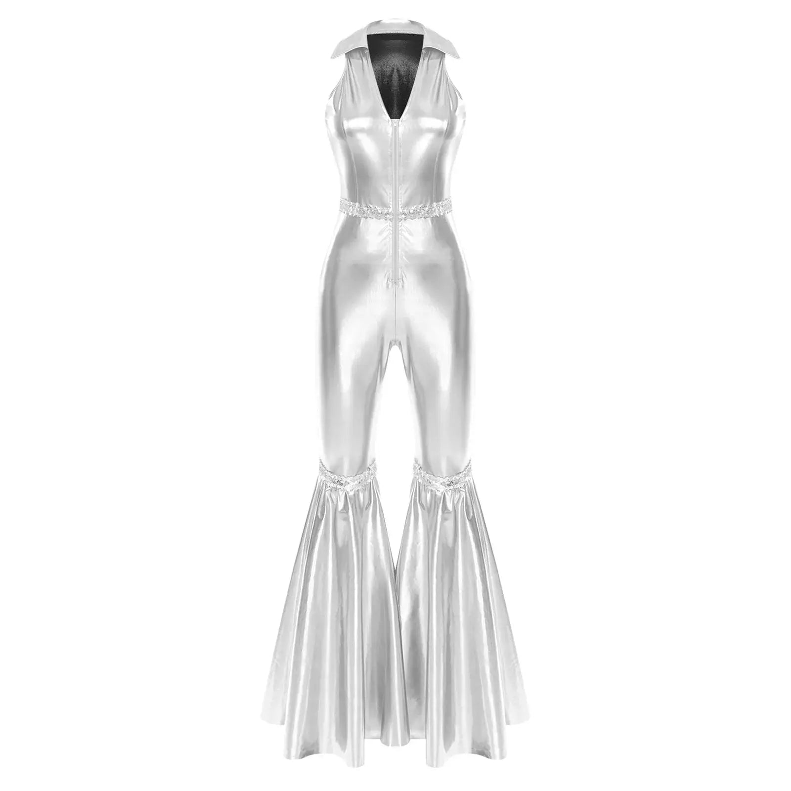 Simples Market silver metallic 70s disco jumpsuit with V-neck, sleeveless, front zipper, sequin belt, bell-bottom pants.