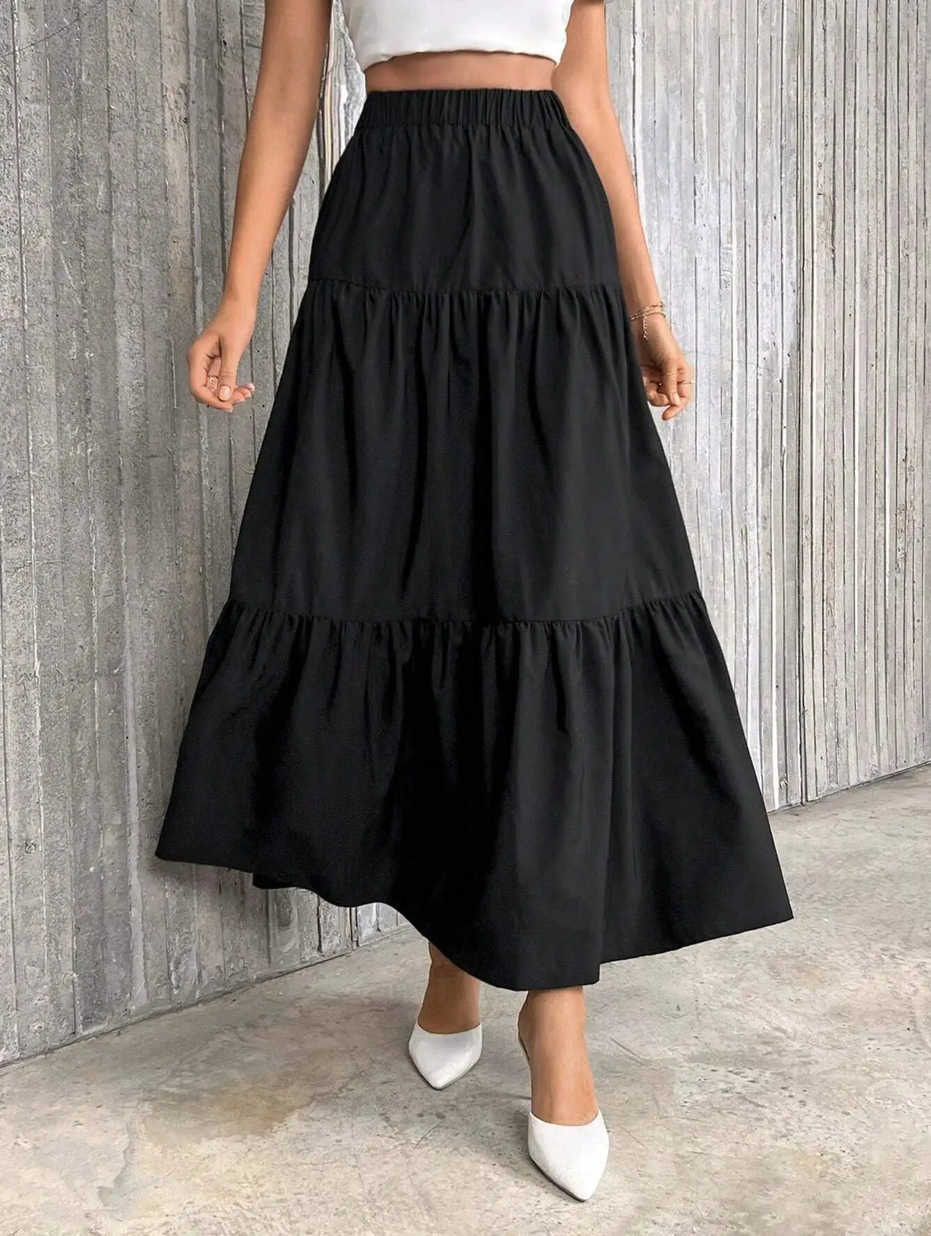 Women's black tiered flounce-hem midi skirt with elastic waist