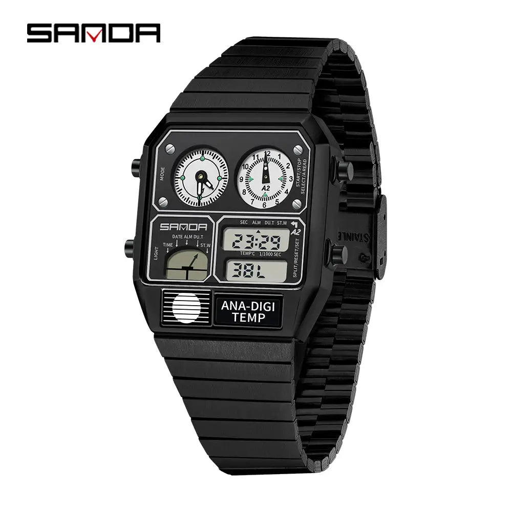 Sanda 3192 Mens Square Digital Analog Watch Waterproof Led Thermometer Stopwatch Sporty Durable Timepiece