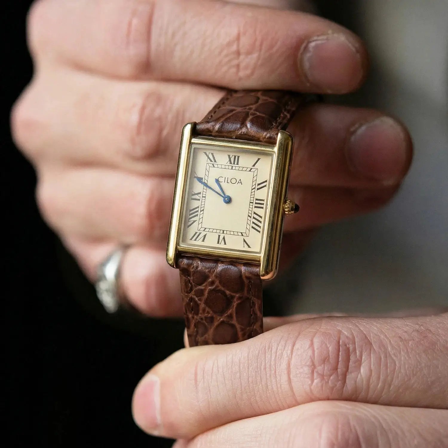 CILOA men's luxury retro square watch with gold case, cream dial and brown leather strap