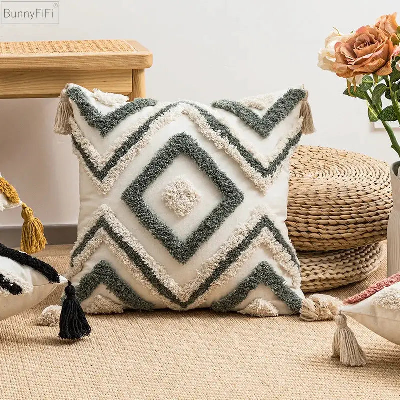 Decorative pillow cover with white base, teal diamond tufting and tassel corners, 45x45cm; BunnyFiFi logo visible