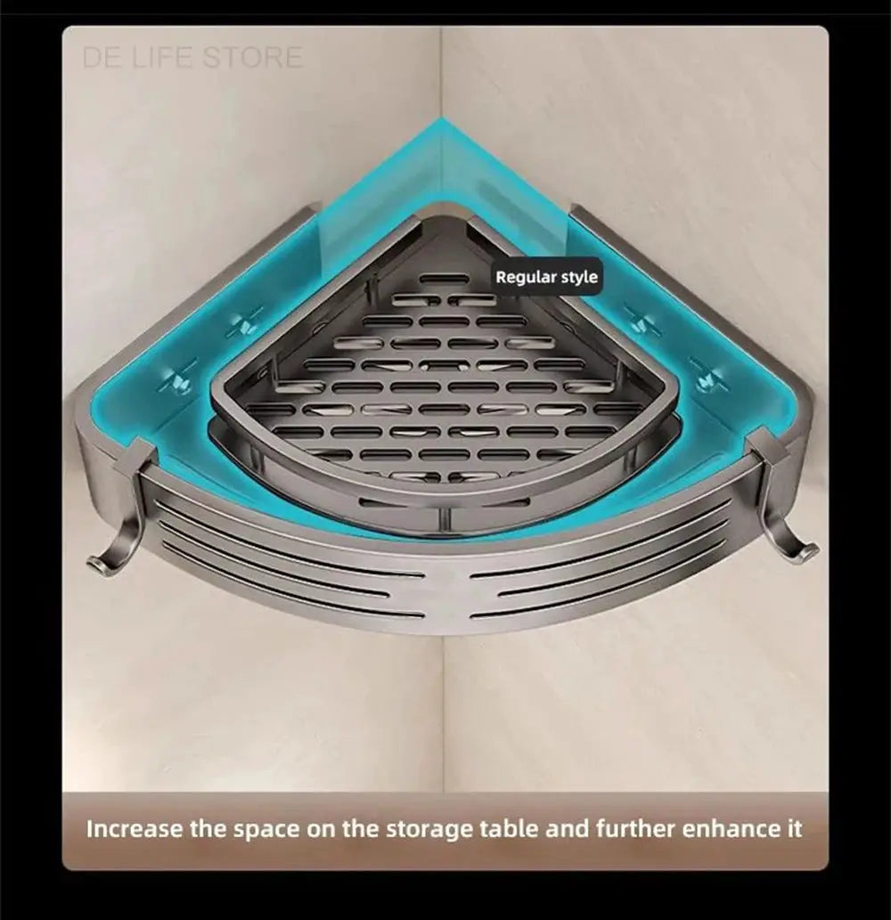 Simples Market bathroom corner shelf; aluminum shower rack with teal silicone edge and plastic towel hooks