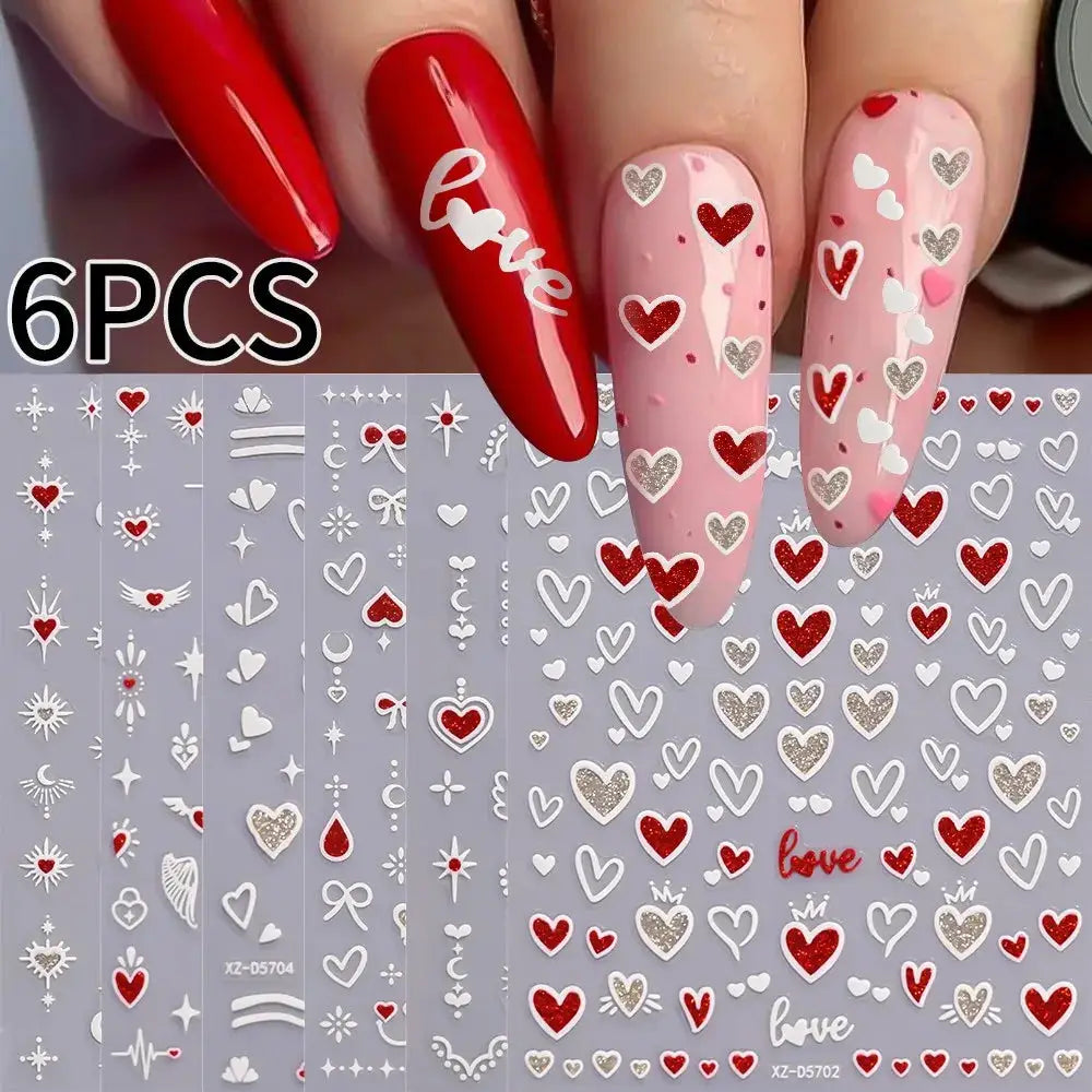 Nail sticker set: 6PCS 3D heart decals in red and pink; self-adhesive decals for manicure.
