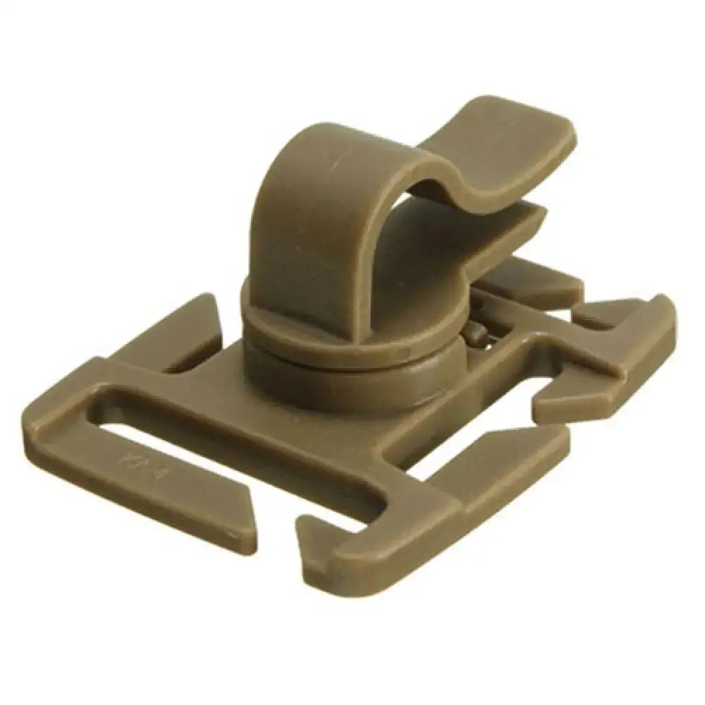 Drinking tube clip, tan plastic, rotatable MOLLE hydration hose clip.