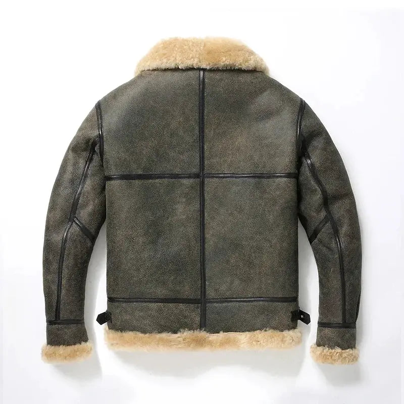 Men's olive leather shearling fur jacket with tan shearling collar, cuffs and hem