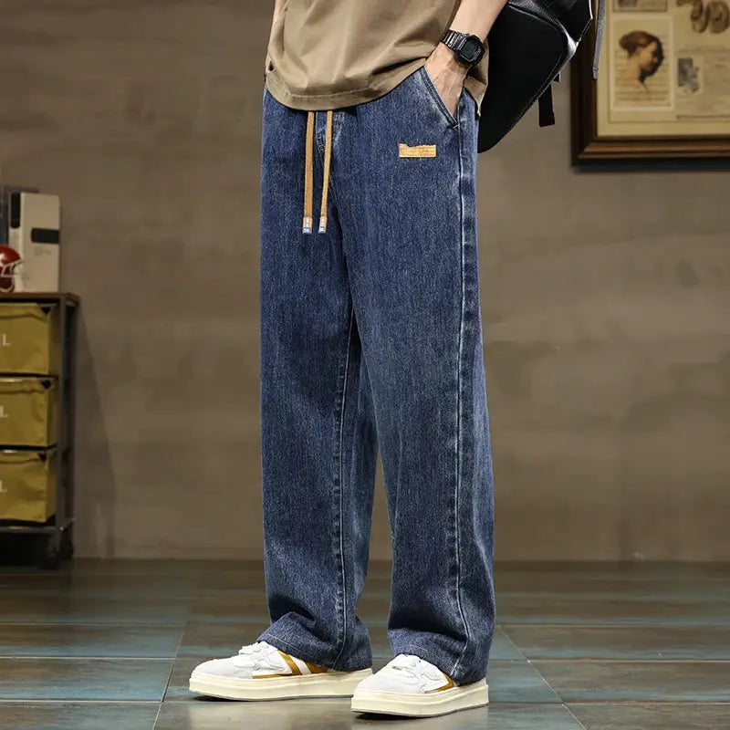 Mens Blue Gray Y2K Harajuku Baggy Jeans With Drawstring Denim