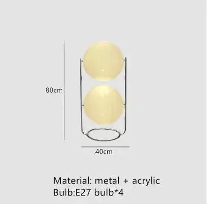 Modern white acrylic circular LED floor lamp with dual spheres on a metal frame by Simples Market