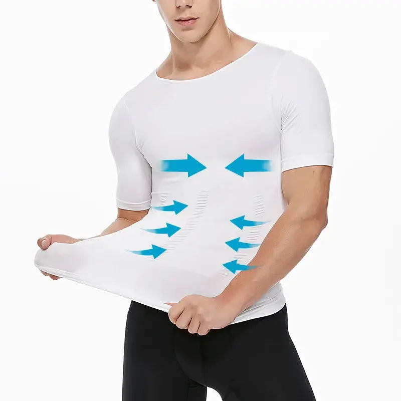 Men's white short-sleeve compression T-shirt by Simples Market with tummy-control shaping.