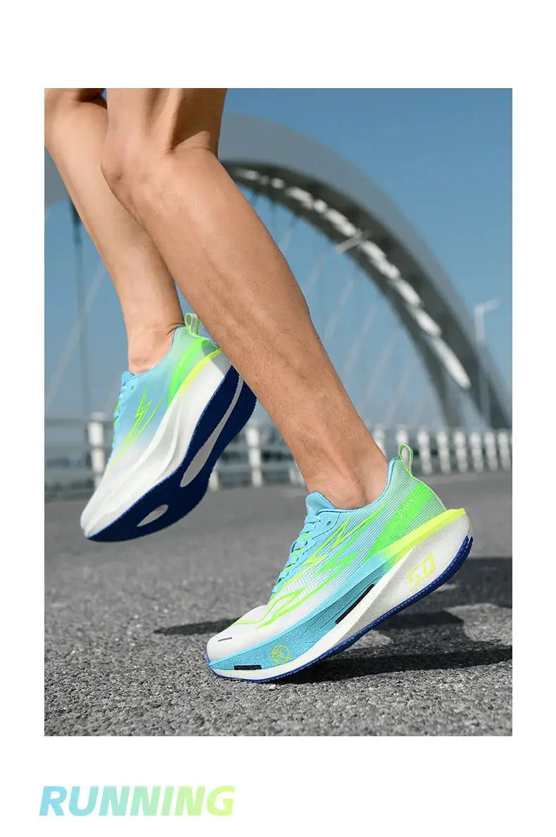 Running shoes in blue with neon lime accents and a white midsole.