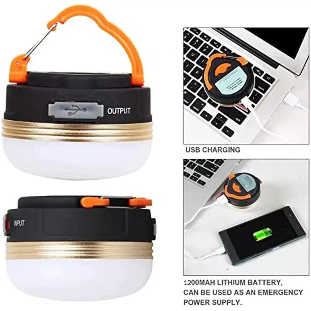 Simples Market 10W camping lantern with orange handle, black top, white bottom; USB 1200mAh battery.