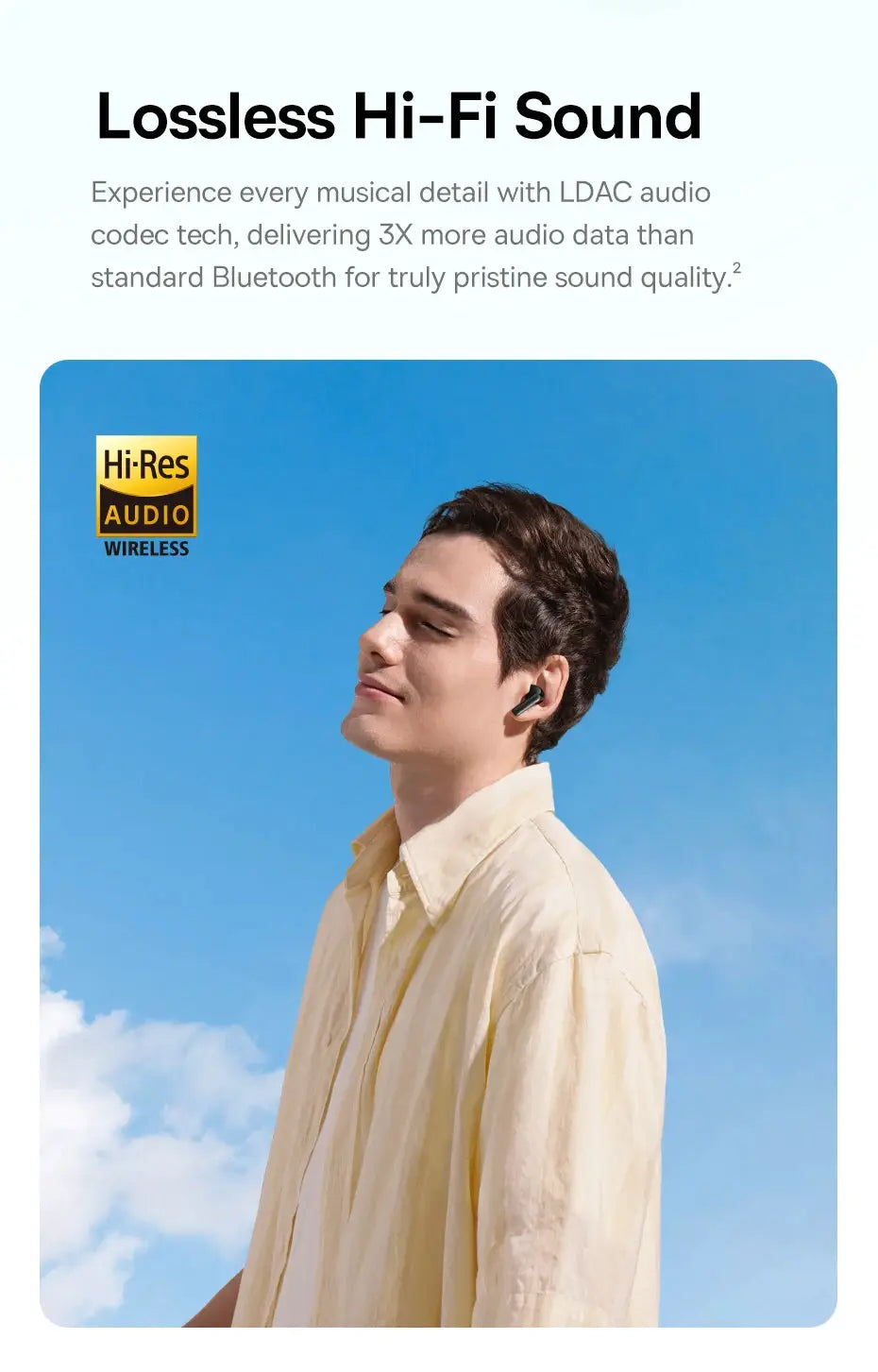 Baseus EP10 Pro ANC wireless earbuds worn by a man; black in-ear earbuds with Hi-Res Audio logo visible