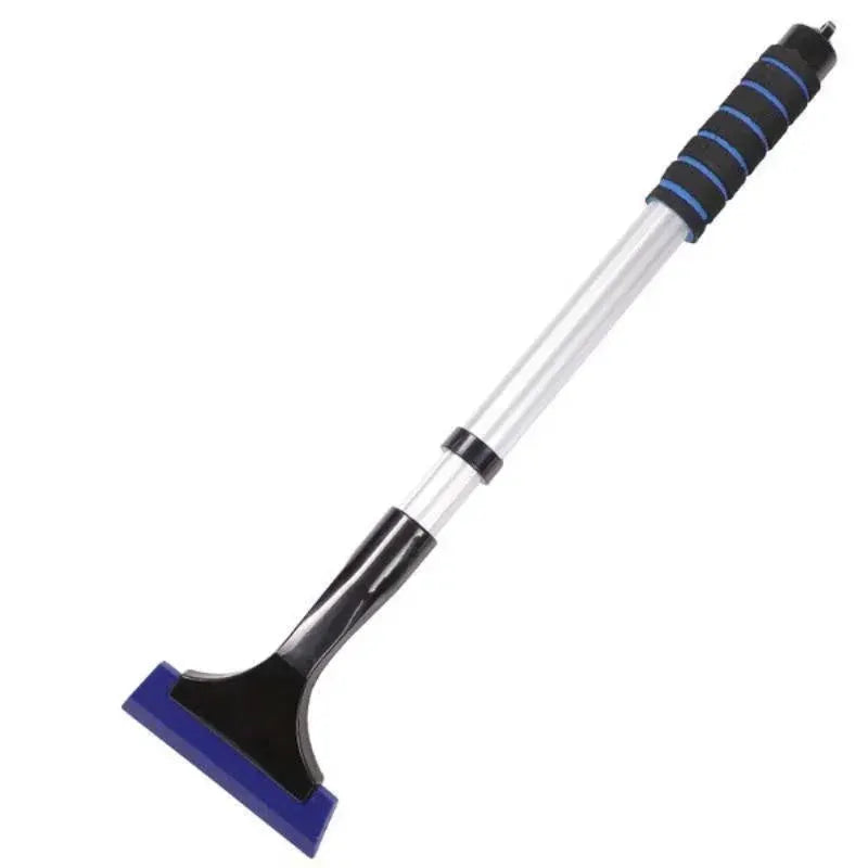 Extendable aluminum snow brush and ice scraper for car windshield, extra-long design; blue scraper edge, black head