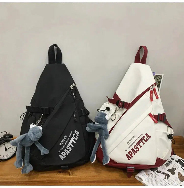Two Y2K-style nylon crossbody bags in black and white with burgundy straps, APASTICA branding