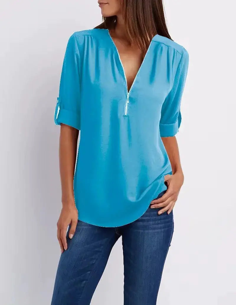 Women's chiffon blouse, turquoise blue with deep V-neck zipper, loose fit and rolled sleeves