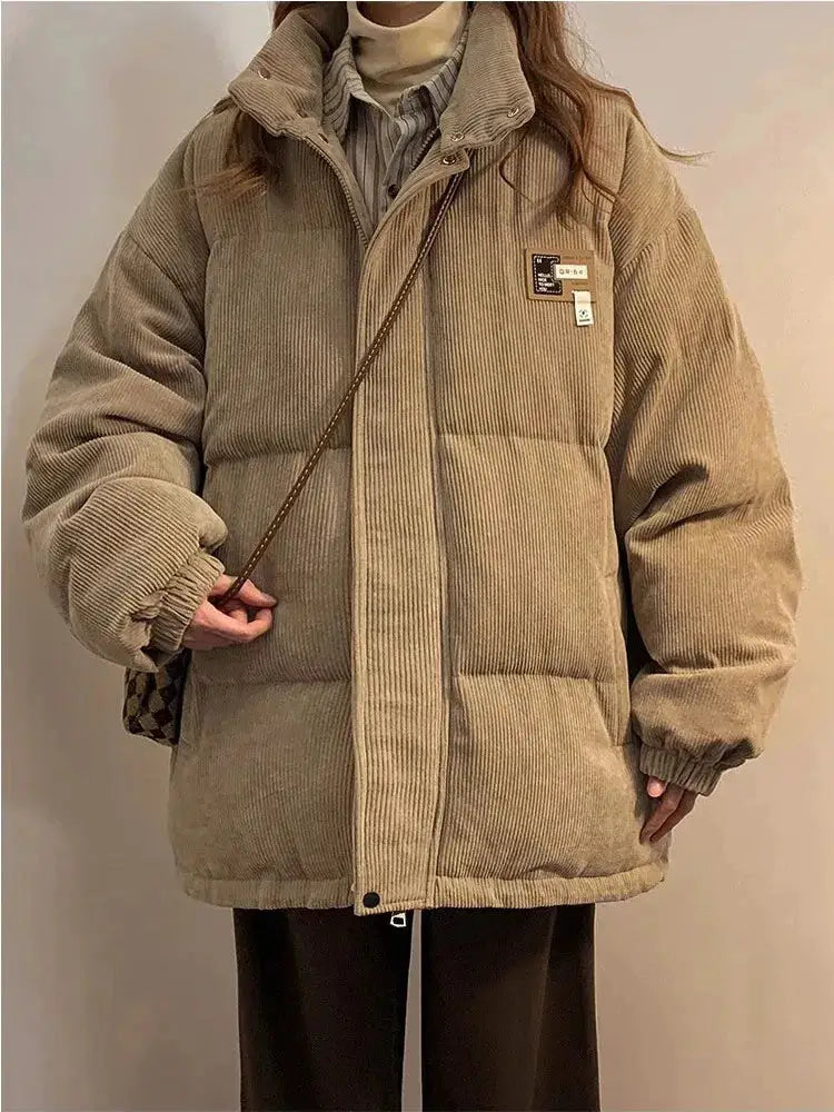 Women's beige corduroy puffer jacket, oversized fit, Simples Market