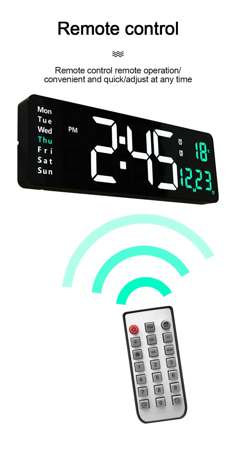 Large digital wall clock and remote by Simples Market, black LED display shows date, week, temp and dual alarms