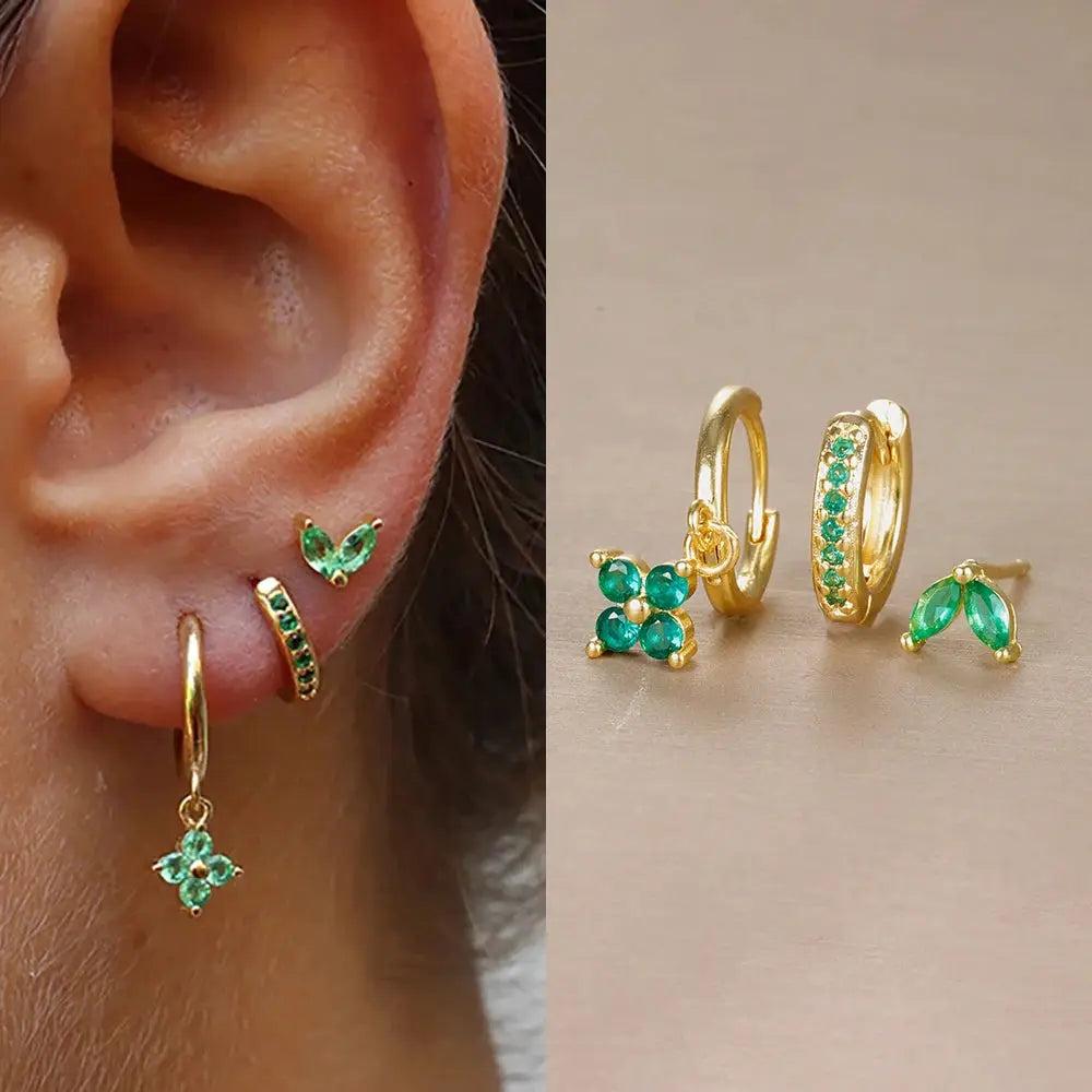 3Pcs Trendy Stainless Steel Flower Drop Earrings Set For Women Crystal Zirconia Dangle Hypoallergenic Piercing Jewelry