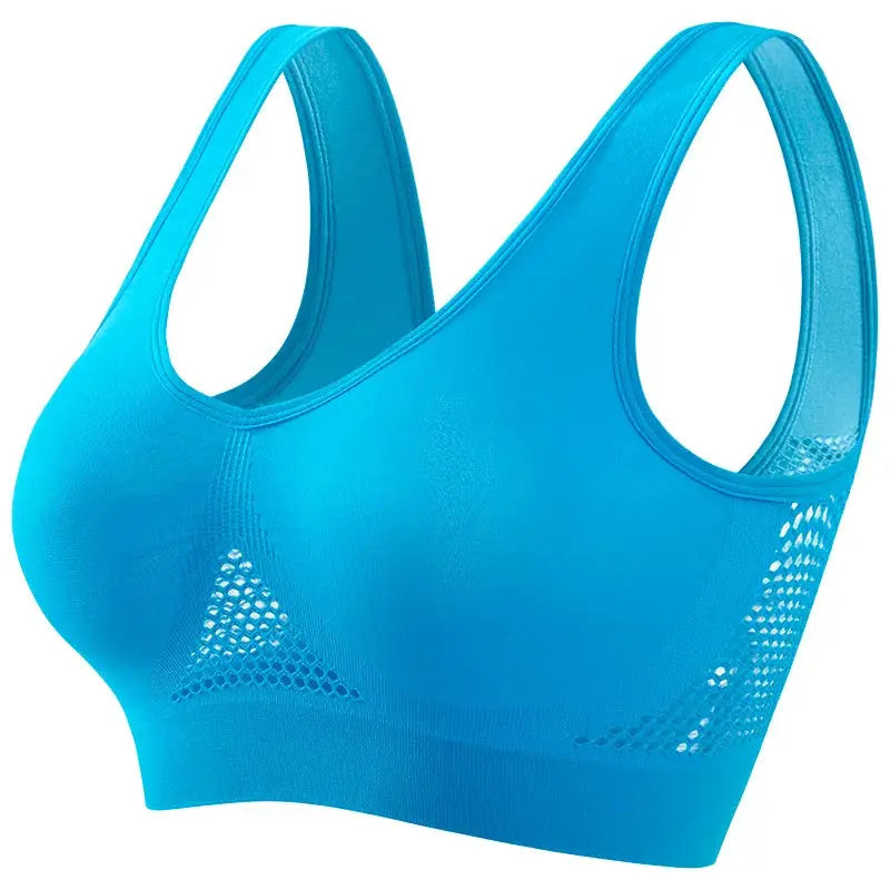 Plus-size breathable blue mesh sports bra, seamless non-wire design with side mesh panels.