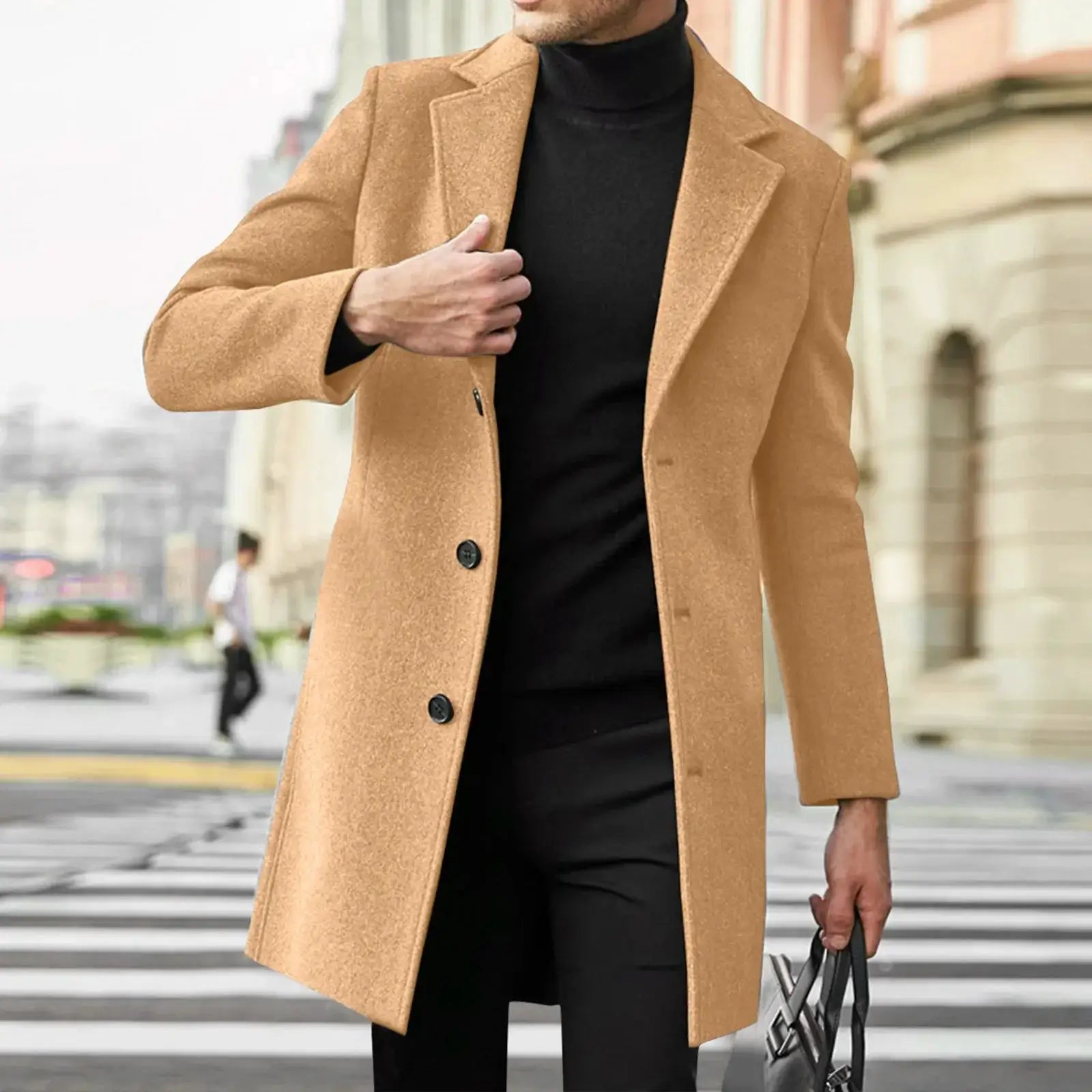 Simples Market men's camel wool-blend trench coat worn by a man on a city street